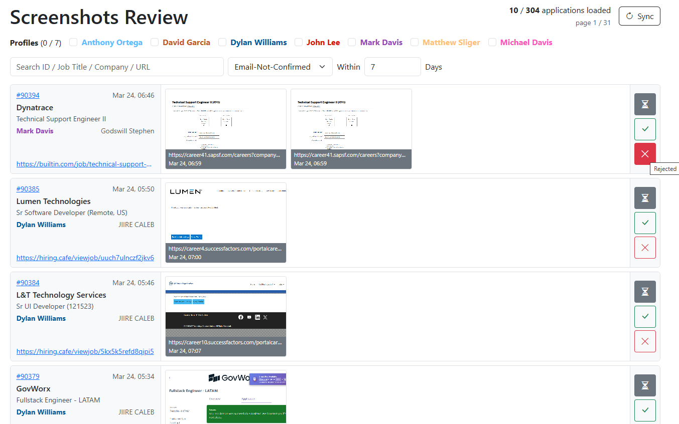 Screenshots review page